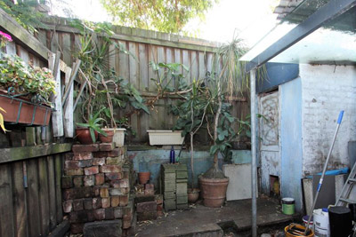 BEFORE: messy garden, cluttered space.