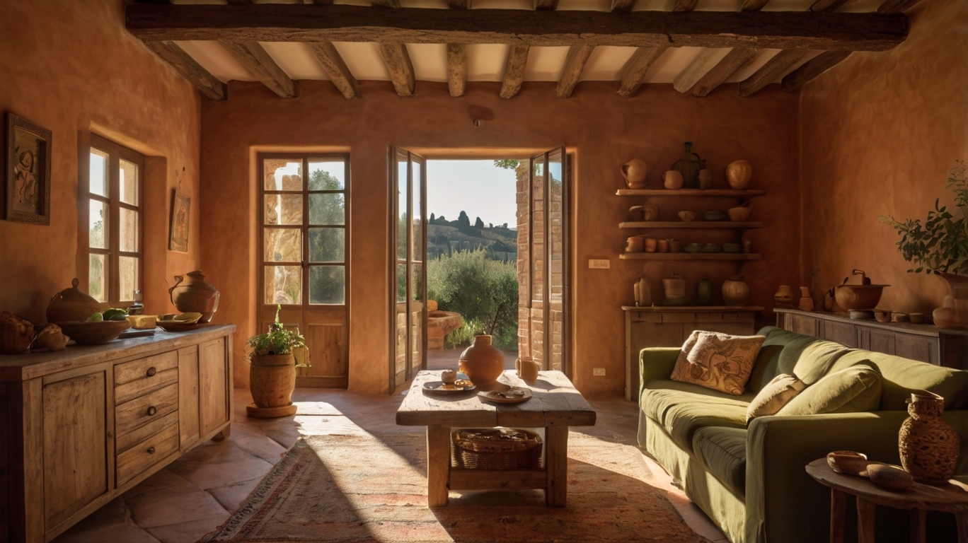 Rustic furniture in a living room basking in Tuscan sun