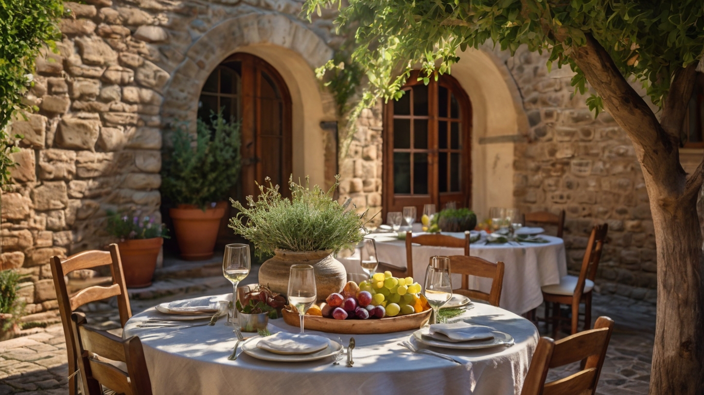 Tuscany entertaining in a stone-paved courtyard