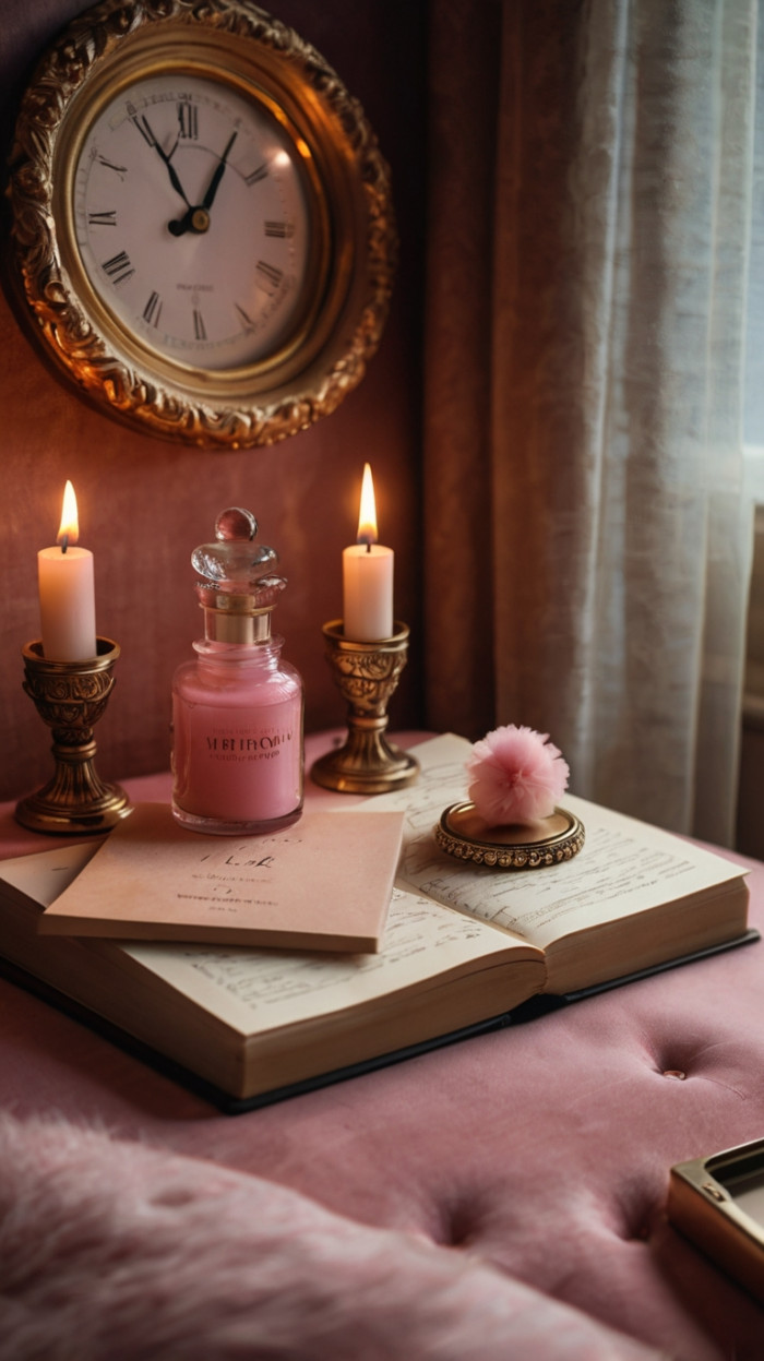 Closeup of nightstand with pink martini