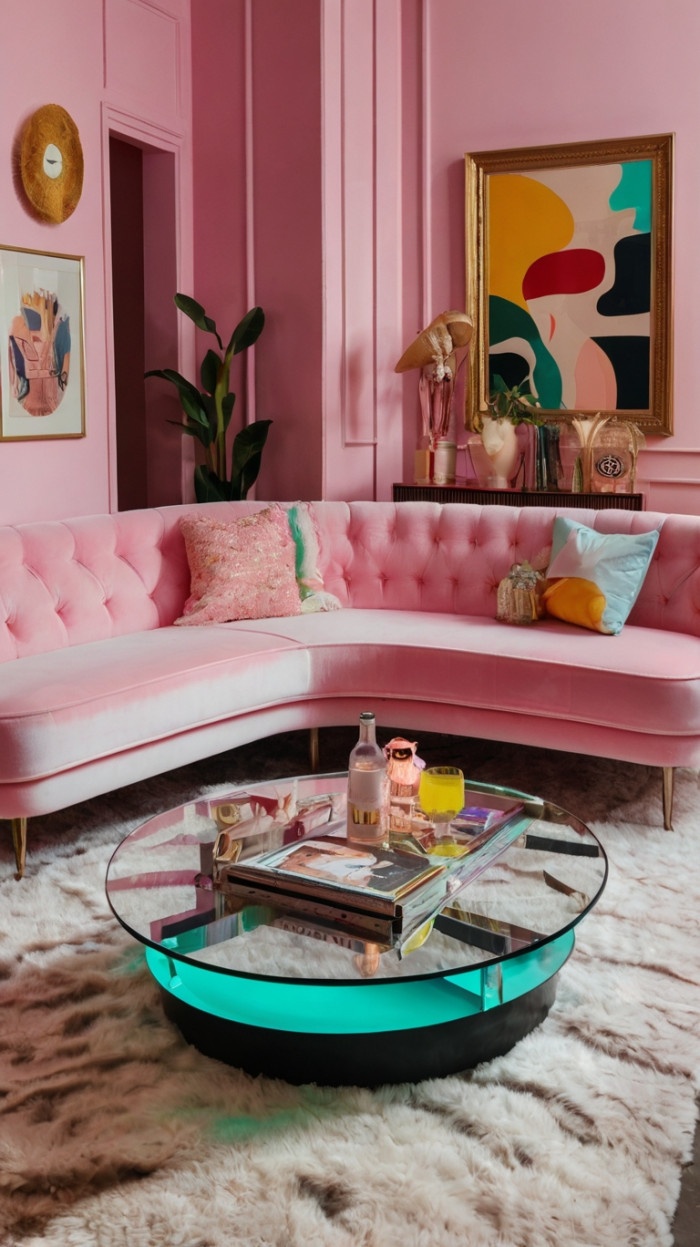 Coquette lounge room with a pink sofa
