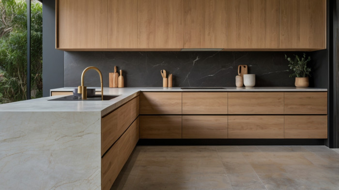 Minimalist luxury kitchen: matte stone meets natural timber