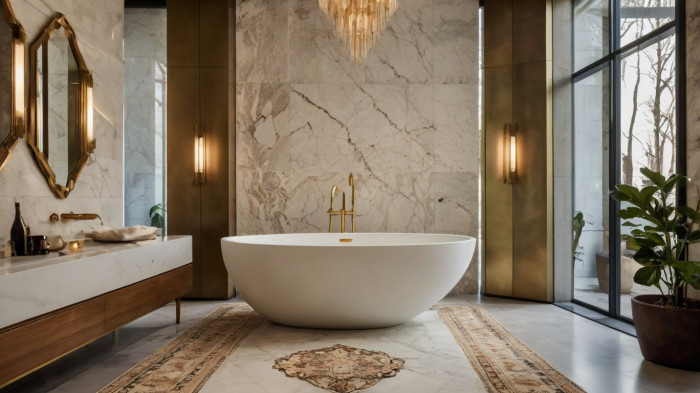 Quiet luxury bathroom: sculptural soaking tub with marble wall