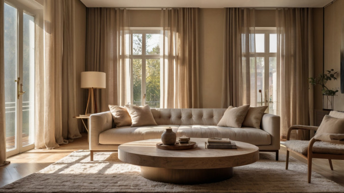 Quiet luxury: Living Room - Monochrome Warmth with Linen Drapery & Sculptural Furniture
