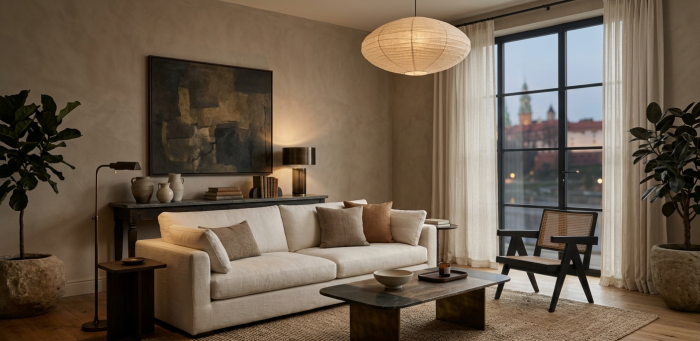 Moody neutral living room chiaroscuro