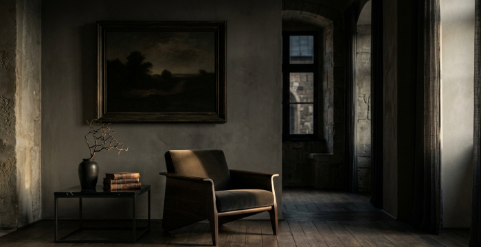 Moody interior with chair and painting