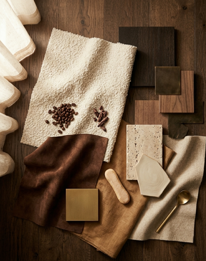 A tactile composition of fabrics, woods, and finishes that echo the layered essence of tiramisu, balancing warmth, depth, and organic imperfection.